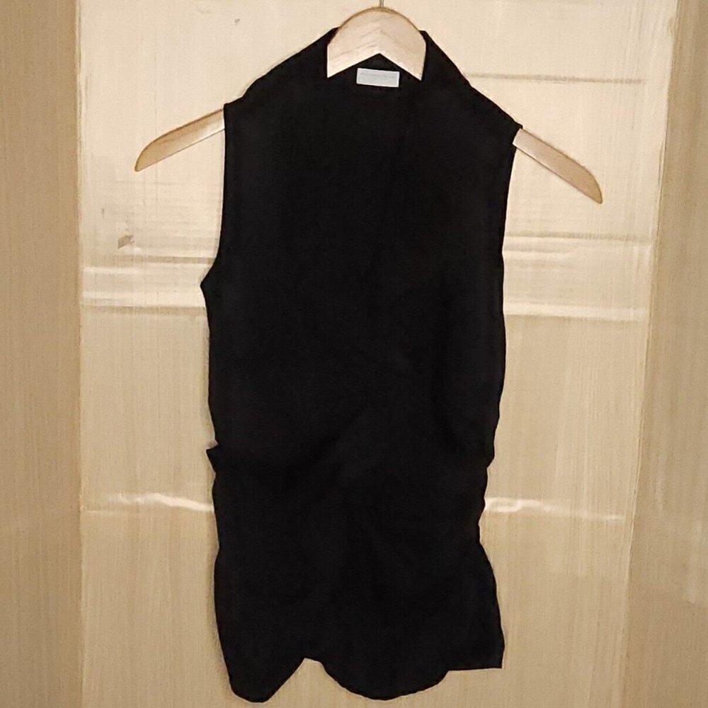 New York & Company Womens Black Sleeveless Ruffle Front Button Up Top Small